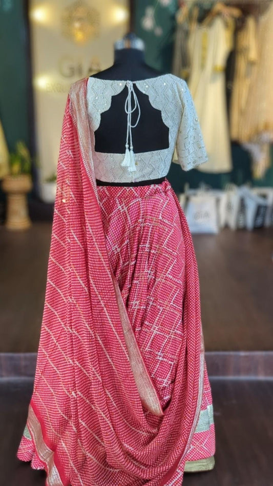Pink White Bandhani Lehenga Choli with Sequin Embroidery & Gota Border - Custom Size Silk Gaji Lehenga Set with Dupatta