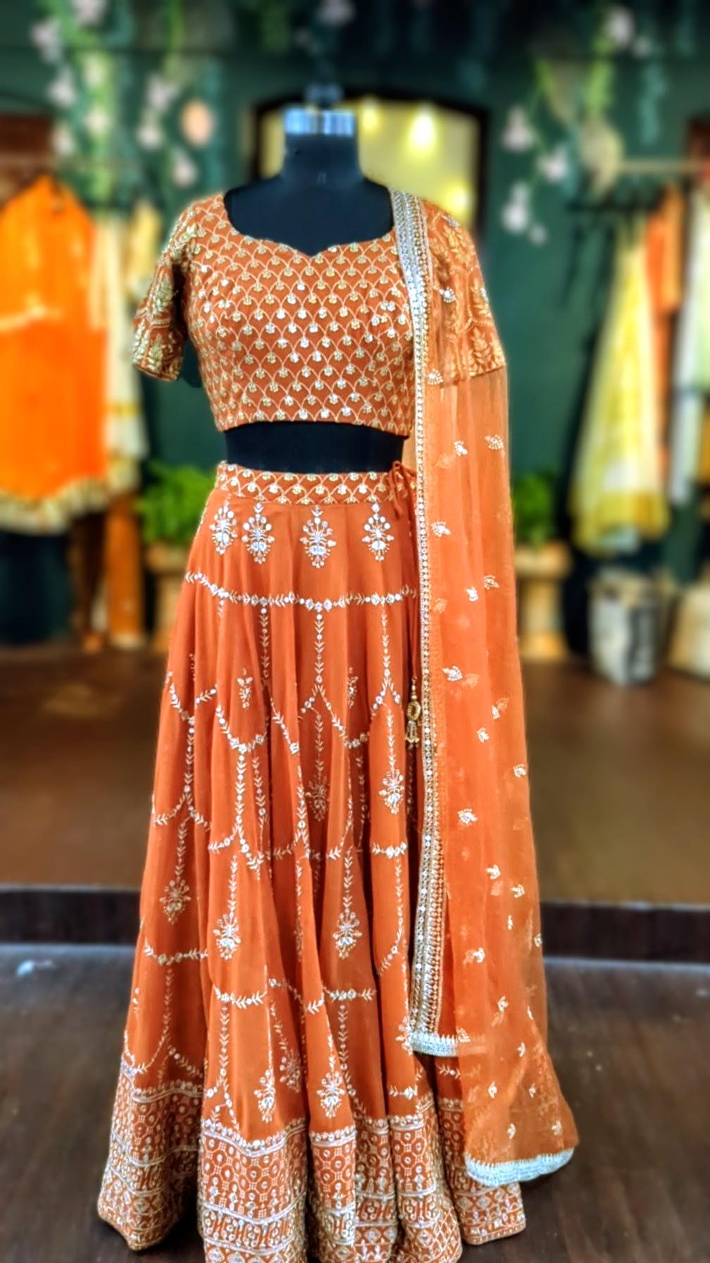 Alia Bhatt Rocky aur Rani lehenga inspired rust orange georgette lehenga