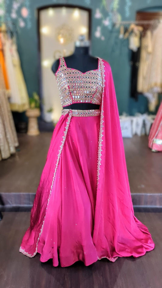 Beautiful pink satin Georgette lehenga with hand embroidered mirror work blouse