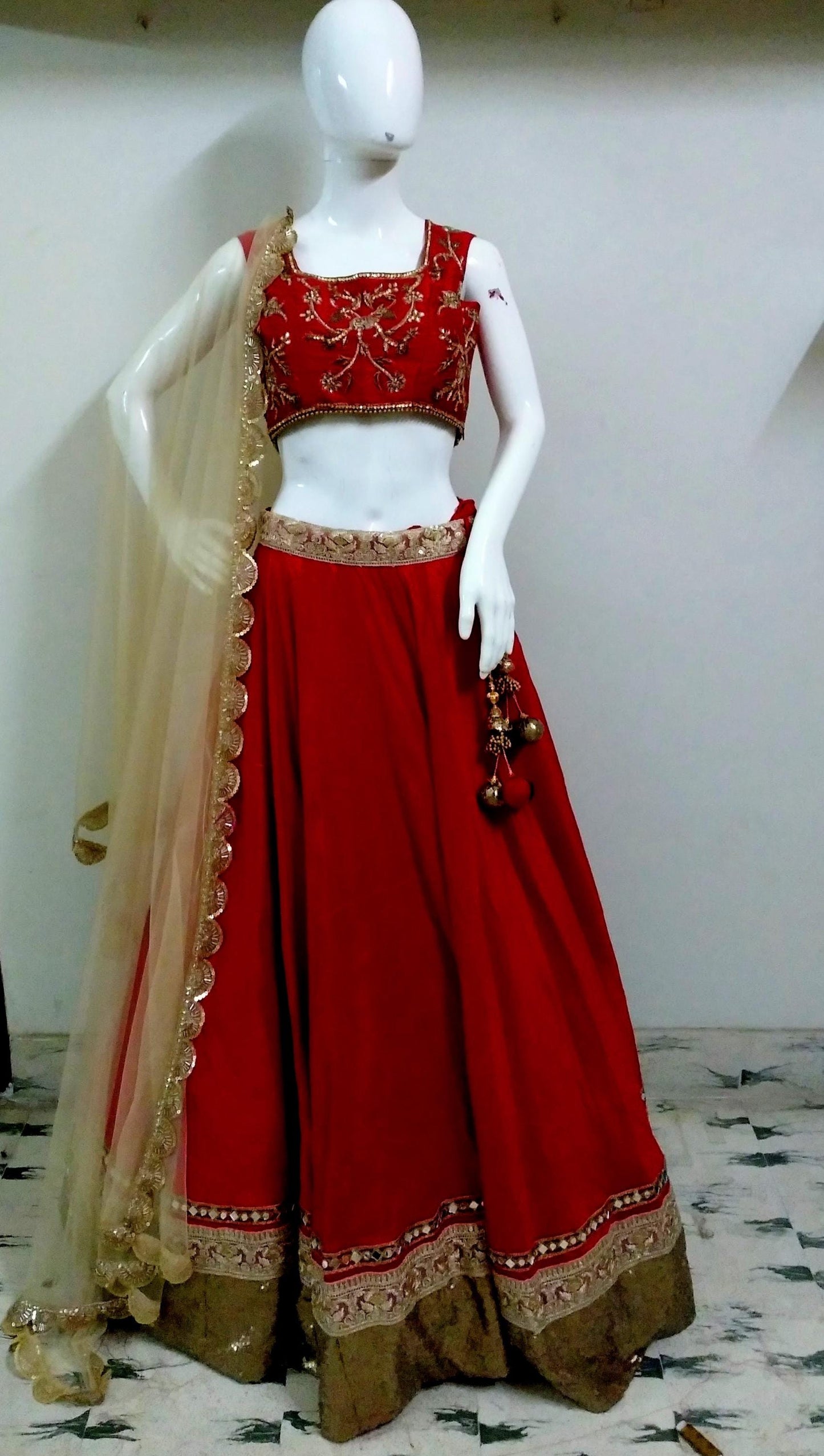 Deep Maroon Raw Silk Lehenga Choli with Hand-Embroidered Blouse