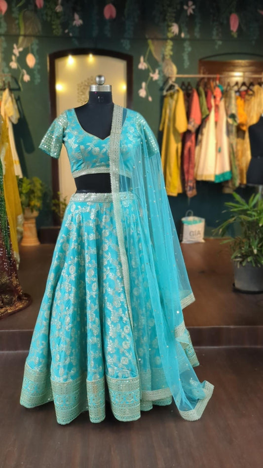 Sea Green Banarasi Brocade Lehenga Set with Sequin Work | Custom Made Indian Wedding Lehanga | Designer Bridal Lengha