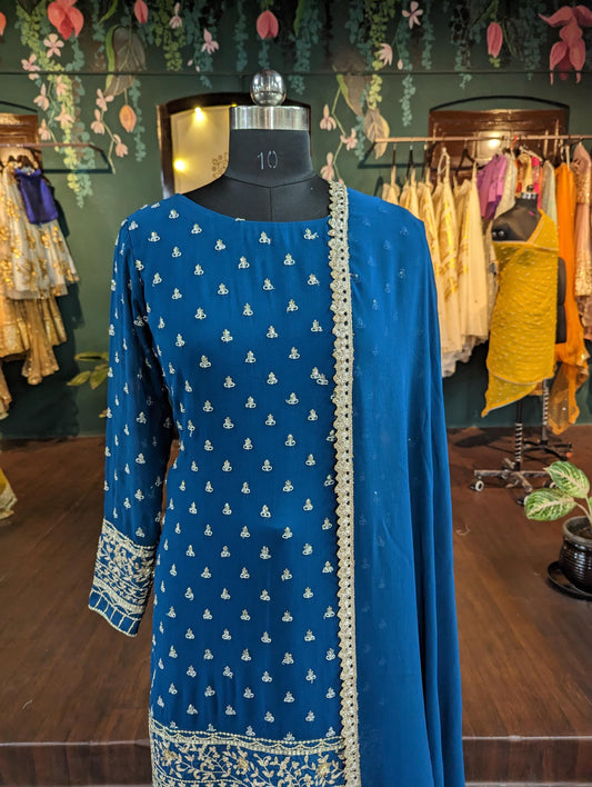 Teal Georgette Sharara Set with Sequin Work