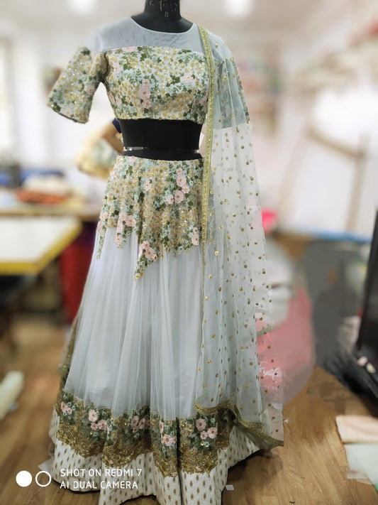 Sequin Floral Lehenga Choli | Custom Size Indian Wedding Dress | Off Shoulder Blouse & Dupatta Set