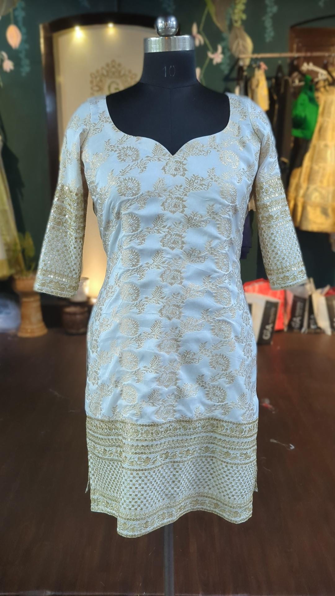Ivory Brocade Kurta Churidar Set - Sequin Embroidery Salwar Suit - Georgette Sequin Dupatta - Custom Fit Indian Outfit
