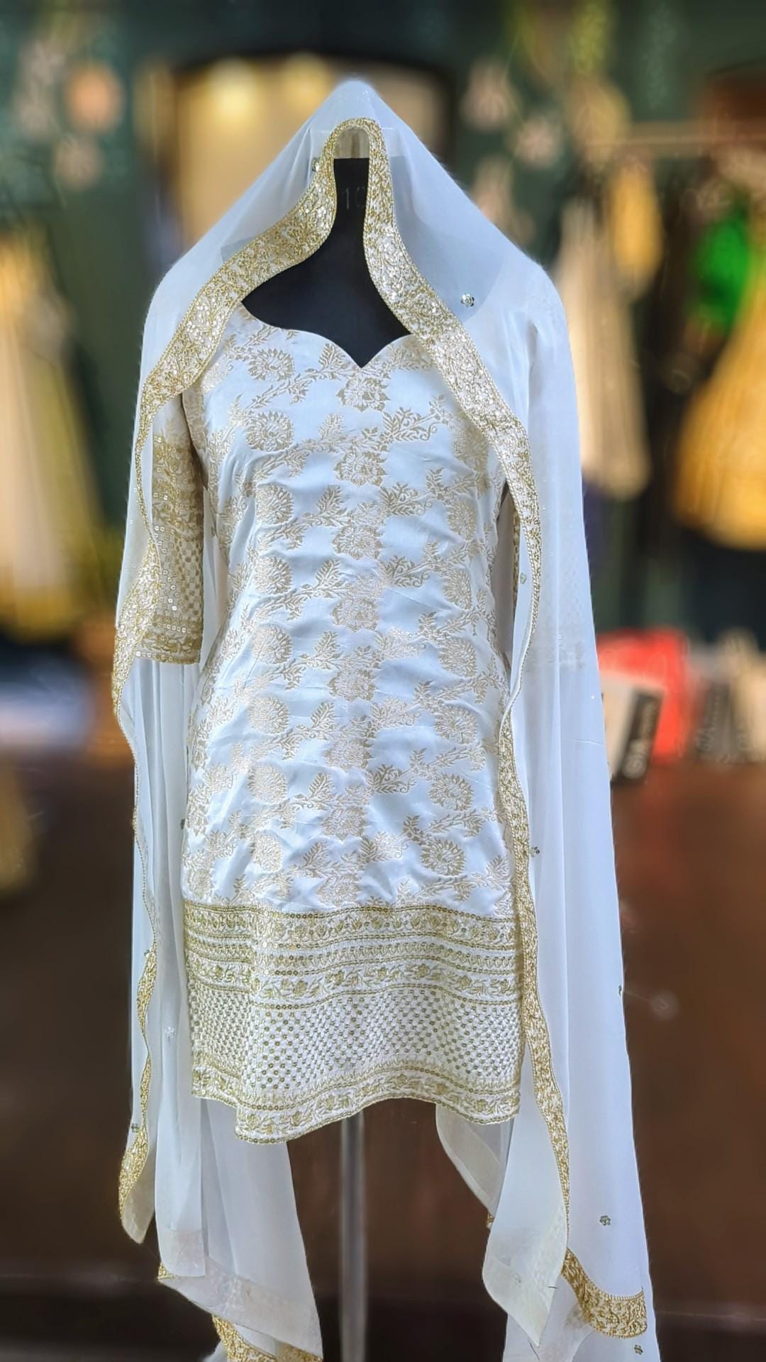 Ivory Brocade Kurta Churidar Set - Sequin Embroidery Salwar Suit - Georgette Sequin Dupatta - Custom Fit Indian Outfit