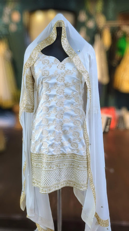 Ivory Brocade Kurta Churidar Set - Sequin Embroidery Salwar Suit - Georgette Sequin Dupatta - Custom Fit Indian Outfit
