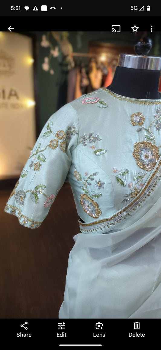 Pale Aqua Turquoise Hand Embroidered Organza Saree with Raw Silk Blouse