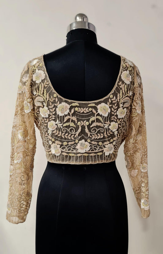 Beige Floral Net Blouse Overlay with Bead and Sequin Embroidery | Custom Bridal & Party Wear Crop Top