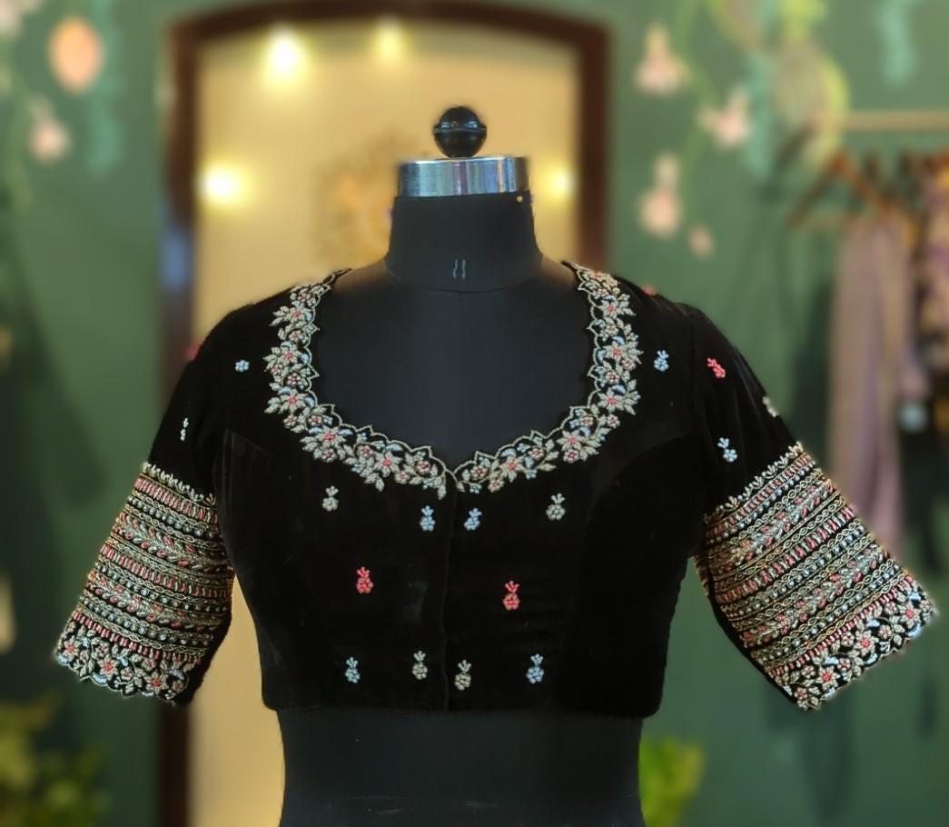 Black velvet blouse with zardosi embroidery
