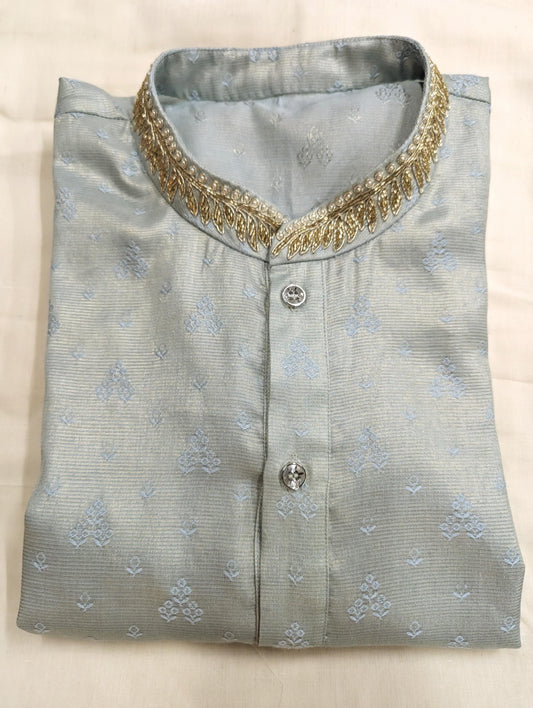 Men's Pale Blue Pure Silk Kurta with Zardozi Collar | Custom Made Wedding & Festive Wear | White Churidar Set