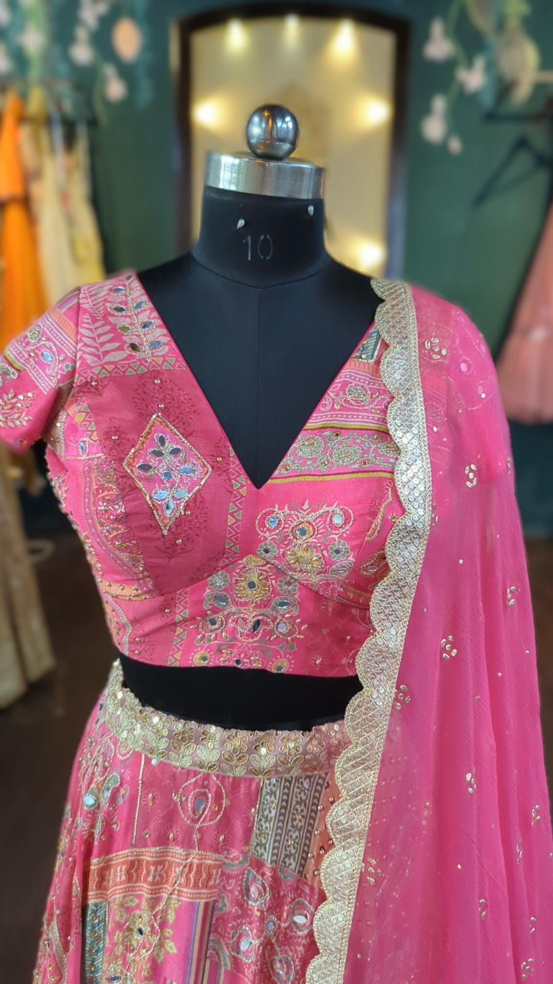Alia bhatt mehendi patchwork  lehenga with mirror work with sleeved blouse