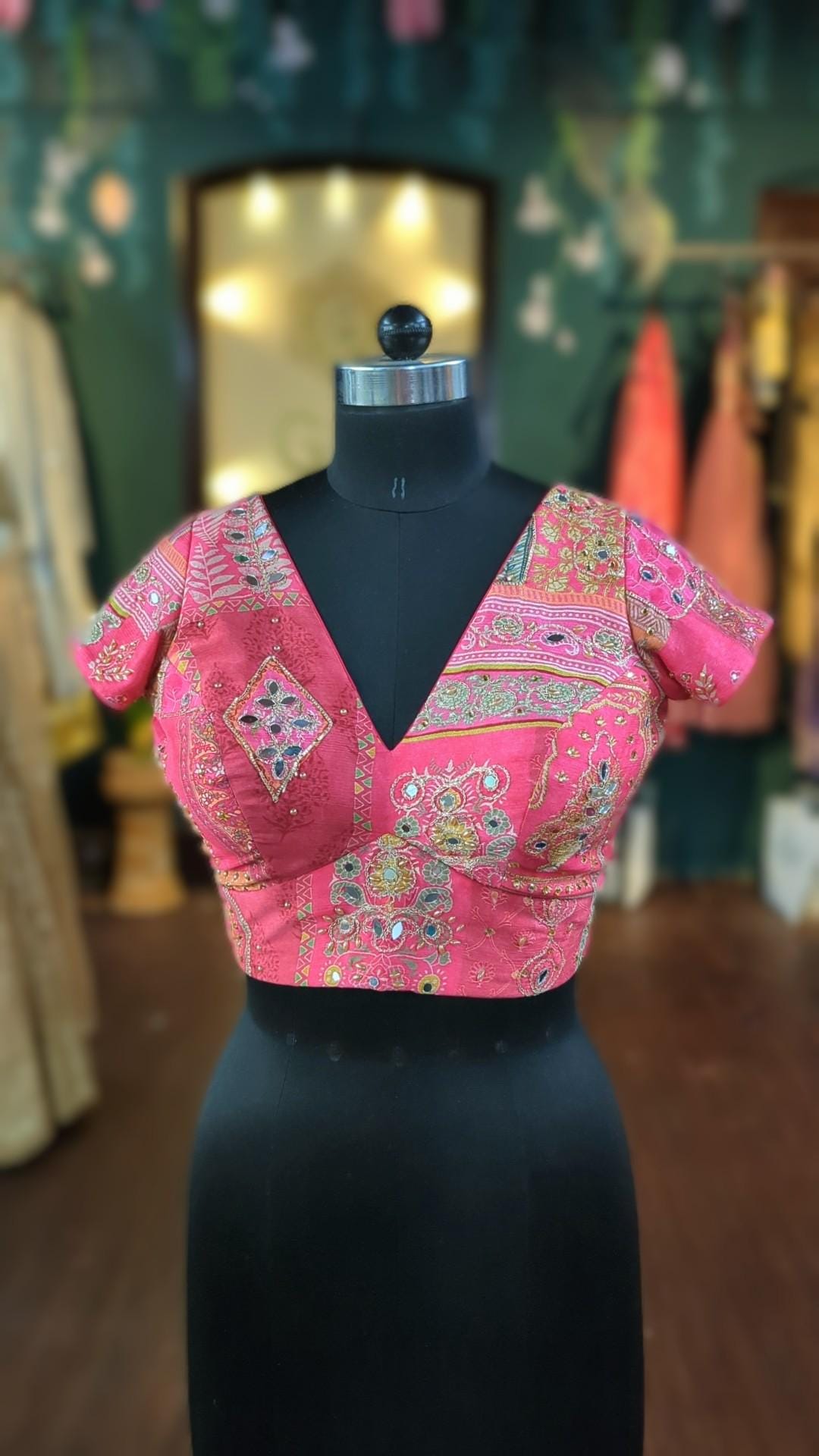 Multicolor Mirror Embroidered Pink V-Neck Blouse - Handmade Indian Saree Lehenga Blouse - Bridal & Festive Wear