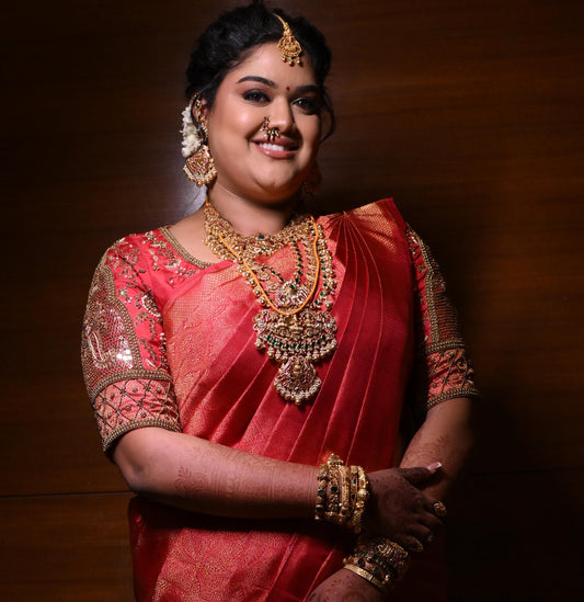 Red Raw Silk Bridal Blouse with Silver Hand Embroidery & Pearl Tassels | Custom Indian Wedding Blouse