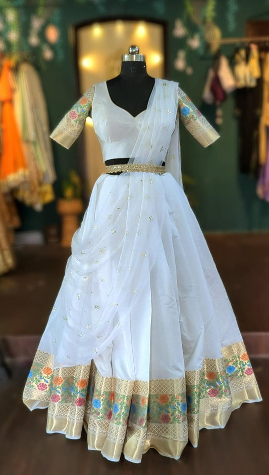 Ivory Silk Lehenga Choli with Multicolored Brocade Border & Mukaish Dupatta | Custom Indian Bridal Wear