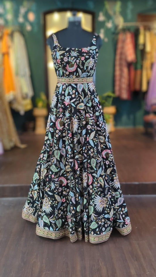 Sabyasachi inspired black embroidery floor length gown dress tailored to your measurements