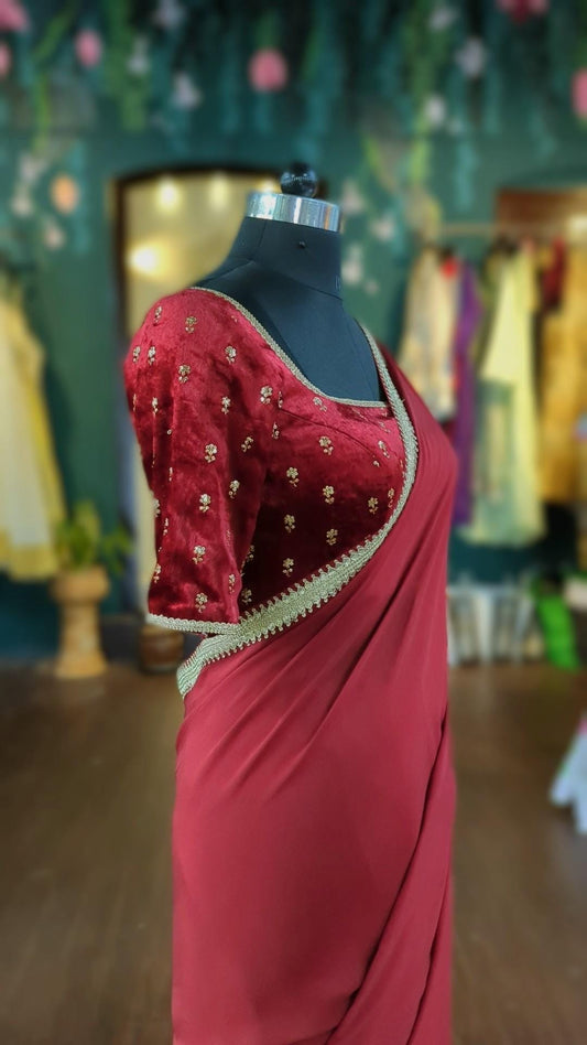 Maroon Organza Saree with Custom Stitched Velvet Blouse, Sequin Embroidery Blouse, Indian Wedding Saree, Party Wear Saree, Ready to Wear