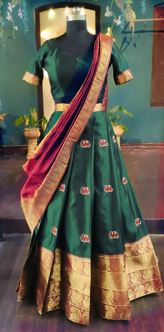 Green & Red Silk Lehenga Choli with Elephant Motifs | Indian Wedding Lengha, Zari Border Skirt, Maroon Dupatta, Custom Blouse