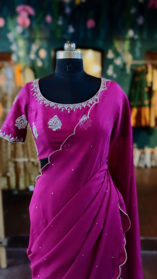 Purple Organza Saree with Hand Embroidered Blouse | Raw Silk Blouse | Light Gold & Silver Work | Indian Wedding Saree