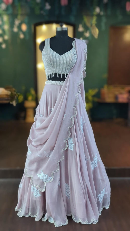 Powder Lavender Lehenga Set with Heavy Pearl Work Blouse | Custom Bridal & Bridesmaid Lehenga | Net Lehenga Choli | Indian Wedding Outfit