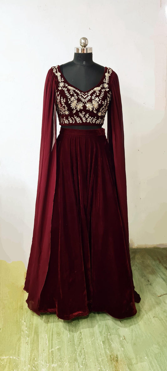Maroon Velvet Bridal Lehenga Choli with Hand Embroidery | Indian Wedding Outfit | Custom Size Lehenga Set
