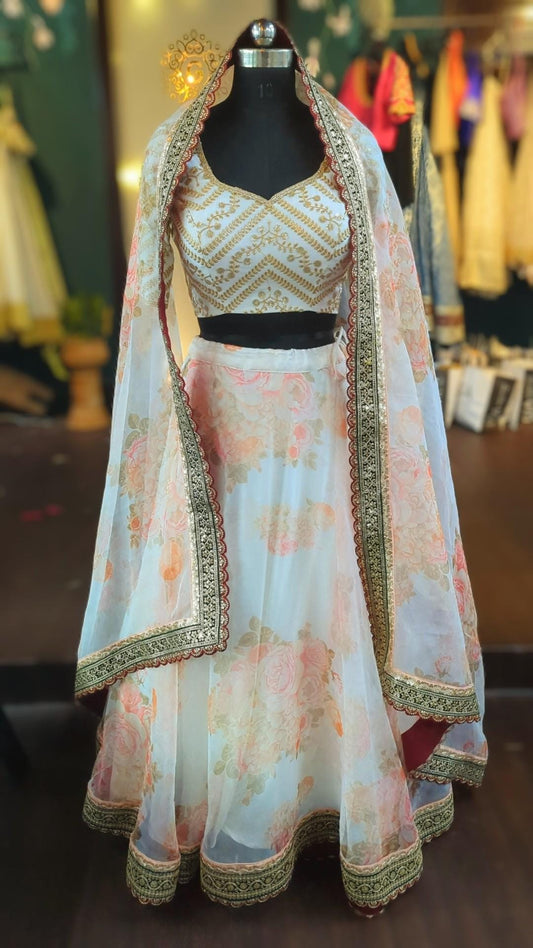 Organza floral lehenga in off white.