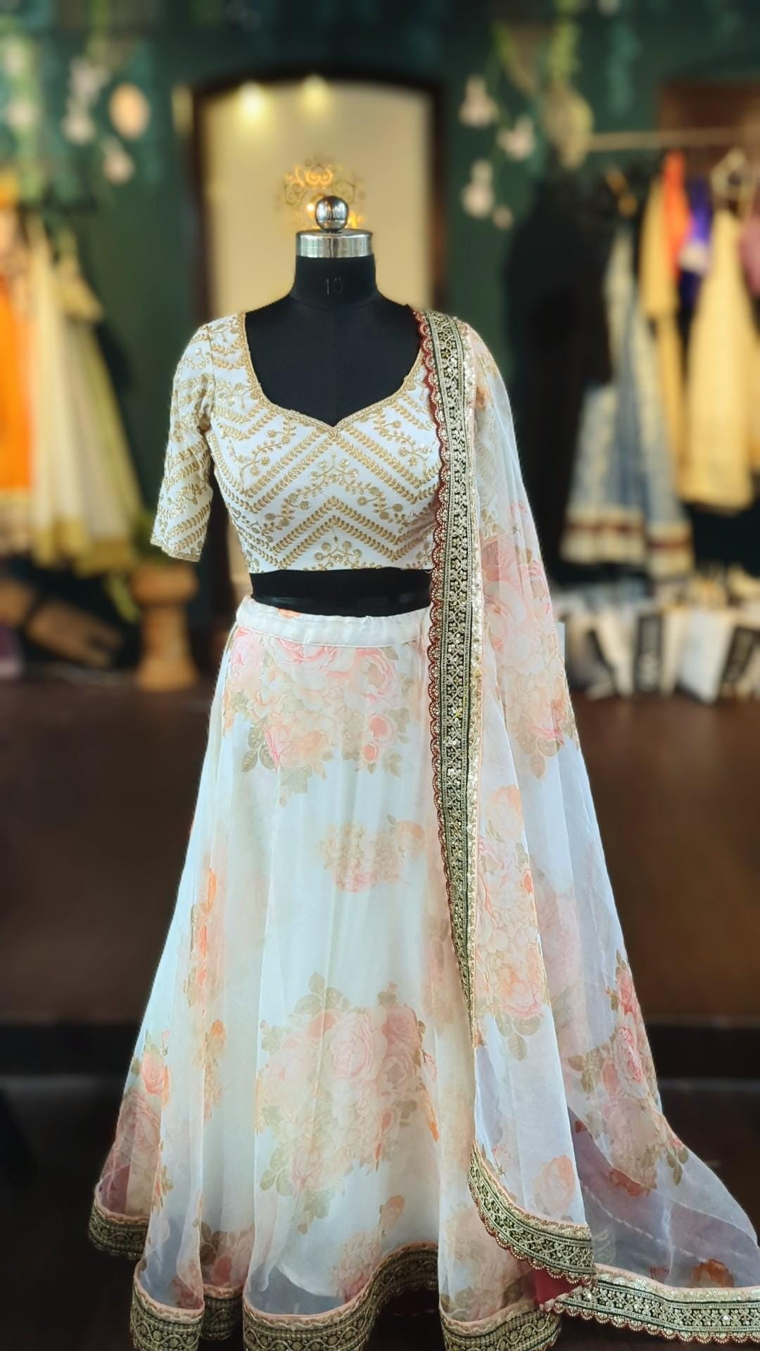 Organza floral lehenga in off white.