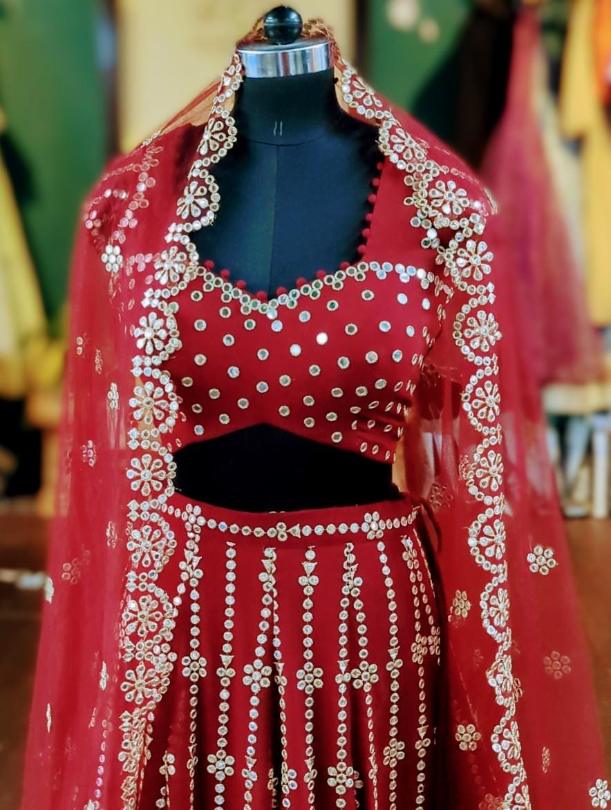 Stunning Maroon Sequin Georgette Lehenga - Custom & Plus Size Available