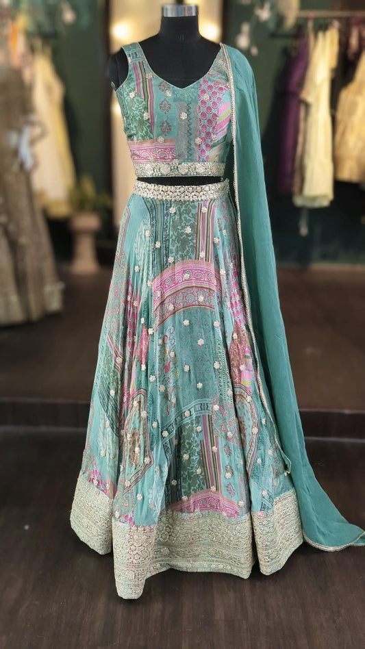 Soft Green Sequin Lehenga Choli - Alia Bhatt Inspired Patchwork Lehenga - Gota Work Georgette - Custom Made Indian Dress