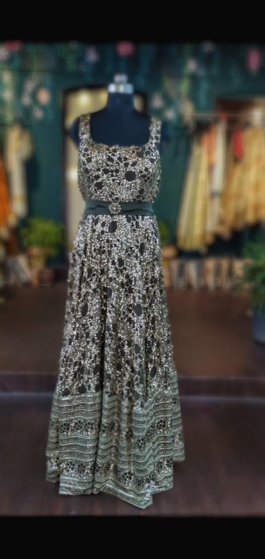 Khaki green heavy sequinned gown