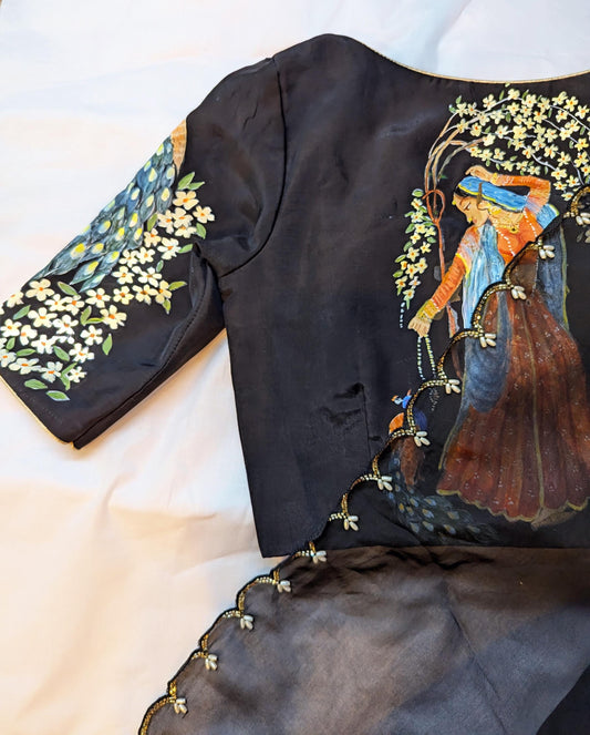 Black Organza Saree with Pearl Scalloped Edge - Hand Painted Raw Silk Blouse - Elegant Party Saree