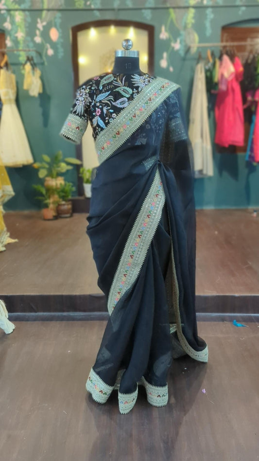 Black Organza Saree with Heavy Embroidery Blouse - Custom Stitched