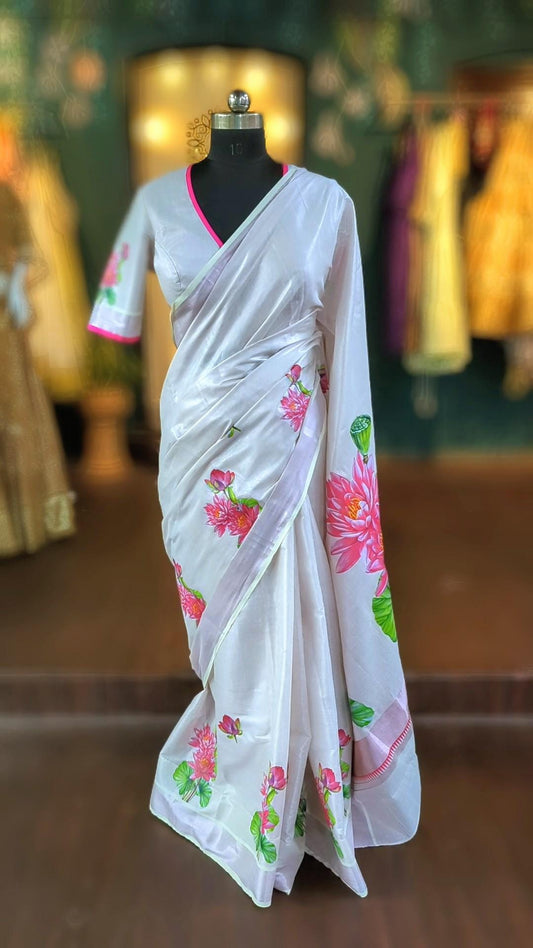 Latest Pink Tissue Kerala Saree with Stunning Lotus Print & Stitched Blouse