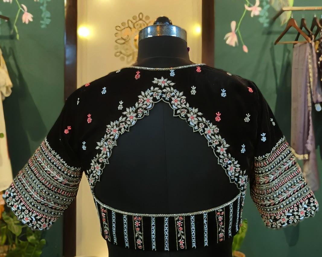 Black velvet blouse with zardosi embroidery