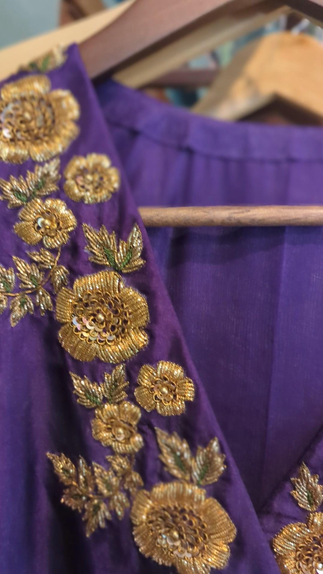 Purple silk cross over neck kurta with embroidery neckline