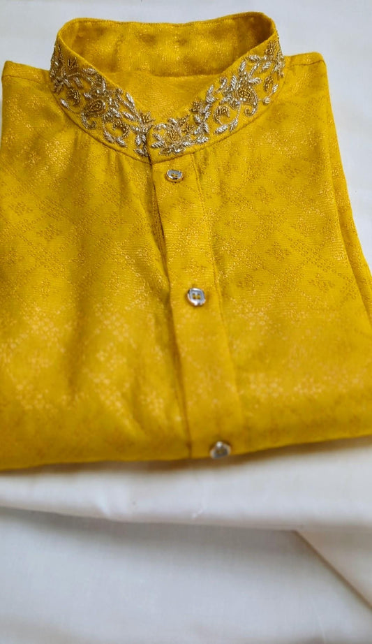 Handmade Yellow Silk Kurta Set with Zardozi Collar Embroidery & White Churidar Pants | Custom Fit Indian Men's Wear