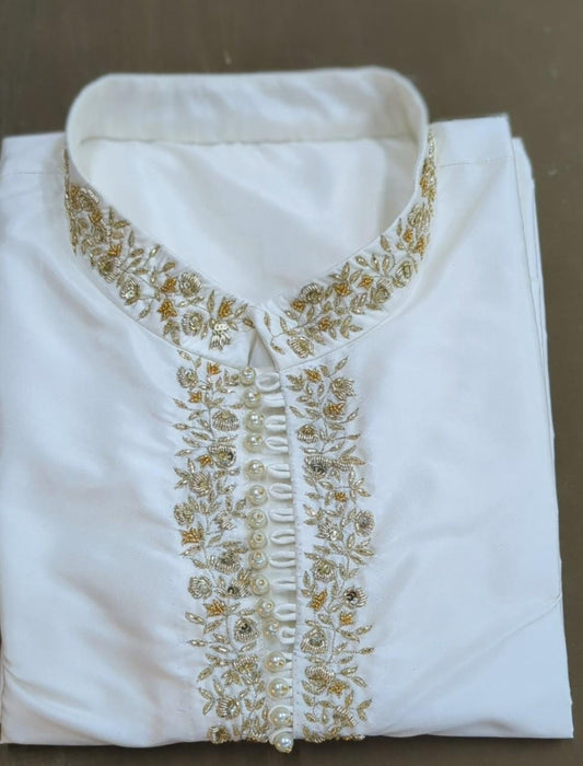 Pure Kanchipuram Silk Zardozi Kurta Set with White Churidar