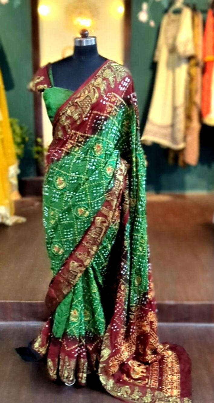 Authentic Green Bandhani Saree with Zari Border & Ready Blouse - Gaji Silk Jacquard