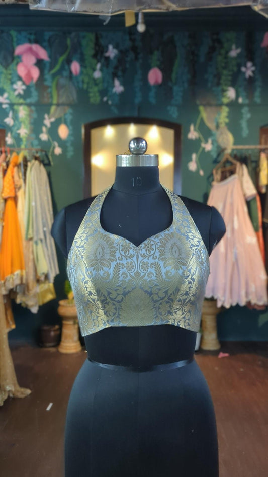 Silver brocade halter neck choli blouse