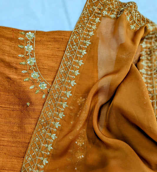 Rust Orange Organza Saree with Hand Embroidery & Raw Silk Blouse | Custom Made Indian Wedding Saree