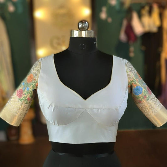 Ivory Silk Blouse with Multicolor Zari Brocade Border | Handmade Indian Saree/Lehenga Blouse | Bridal & Festive Wear