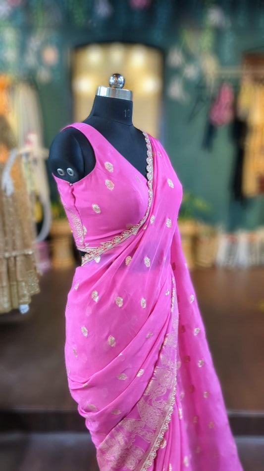 Soft Pink Organza Saree with V-Neck Blouse