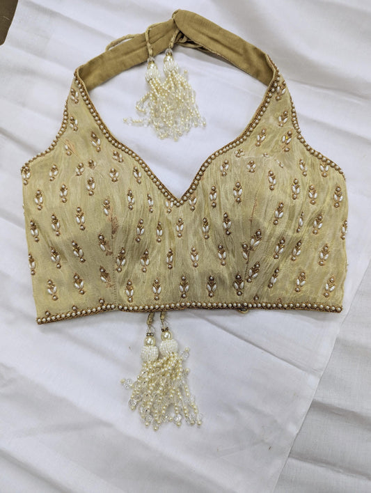 Olive Green Halter Neck Choli Blouse with Pearl Handwork | Custom Sizing Available