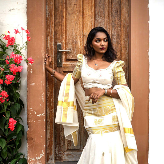 Ivory Cream Kerala kasavu mermaid fish cut lehenga choli in custom sizes