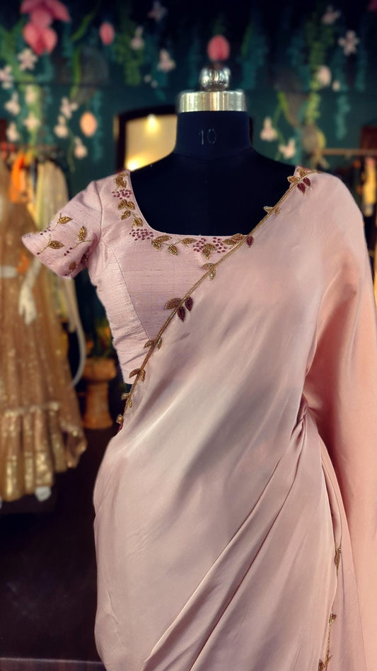 Dusty rose silk Georgette saree with pure rawsilk blouse with zardozi embroidery