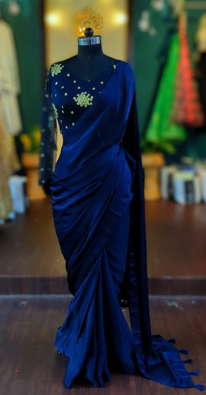 Navy blue satin georgette saree and Navy Sequin embroidery blouse