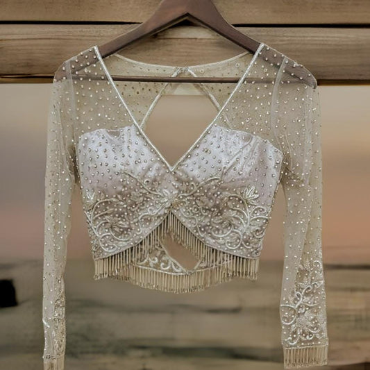 Silver crystal  embroidery net blouse