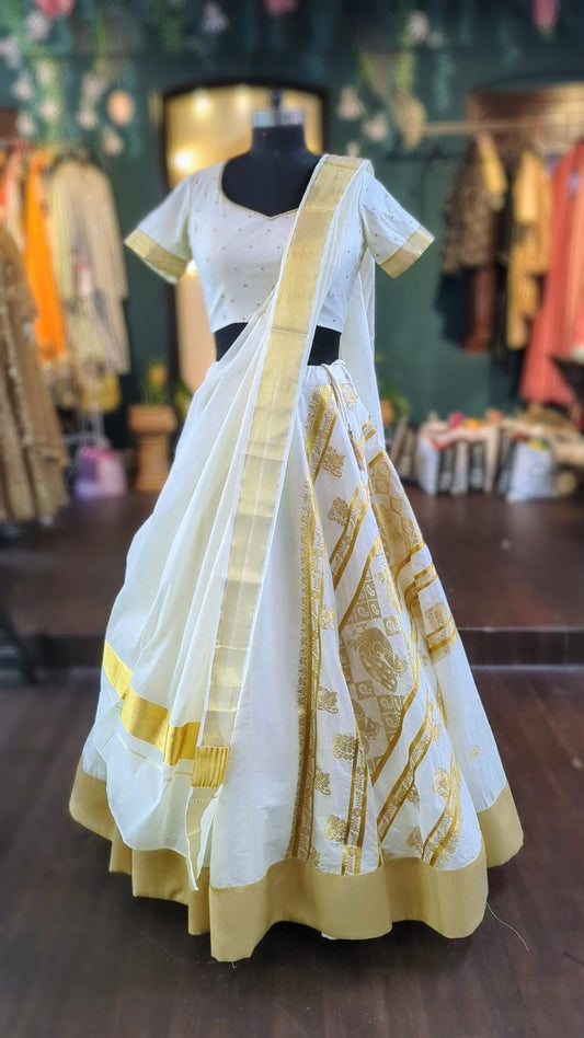 Ivory Cream Lehenga Choli - Custom Size Kerala Saree Lehenga - Floral Embroidered Blouse - Made to Order Indian Outfit