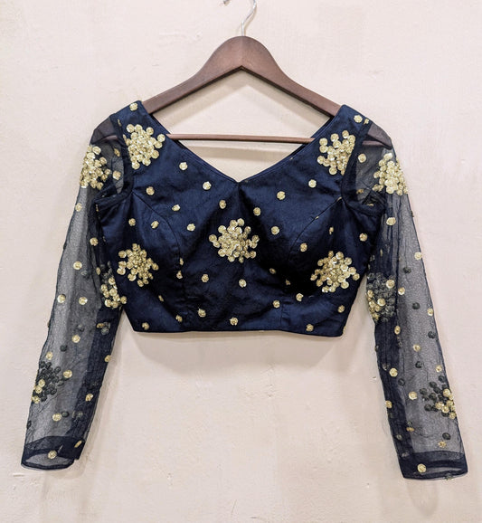 Navy Blue Sequin Blouse • V-Neck Embroidery • Sheer Sleeves • Custom Made to Measure • Indian Readymade Saree Blouse