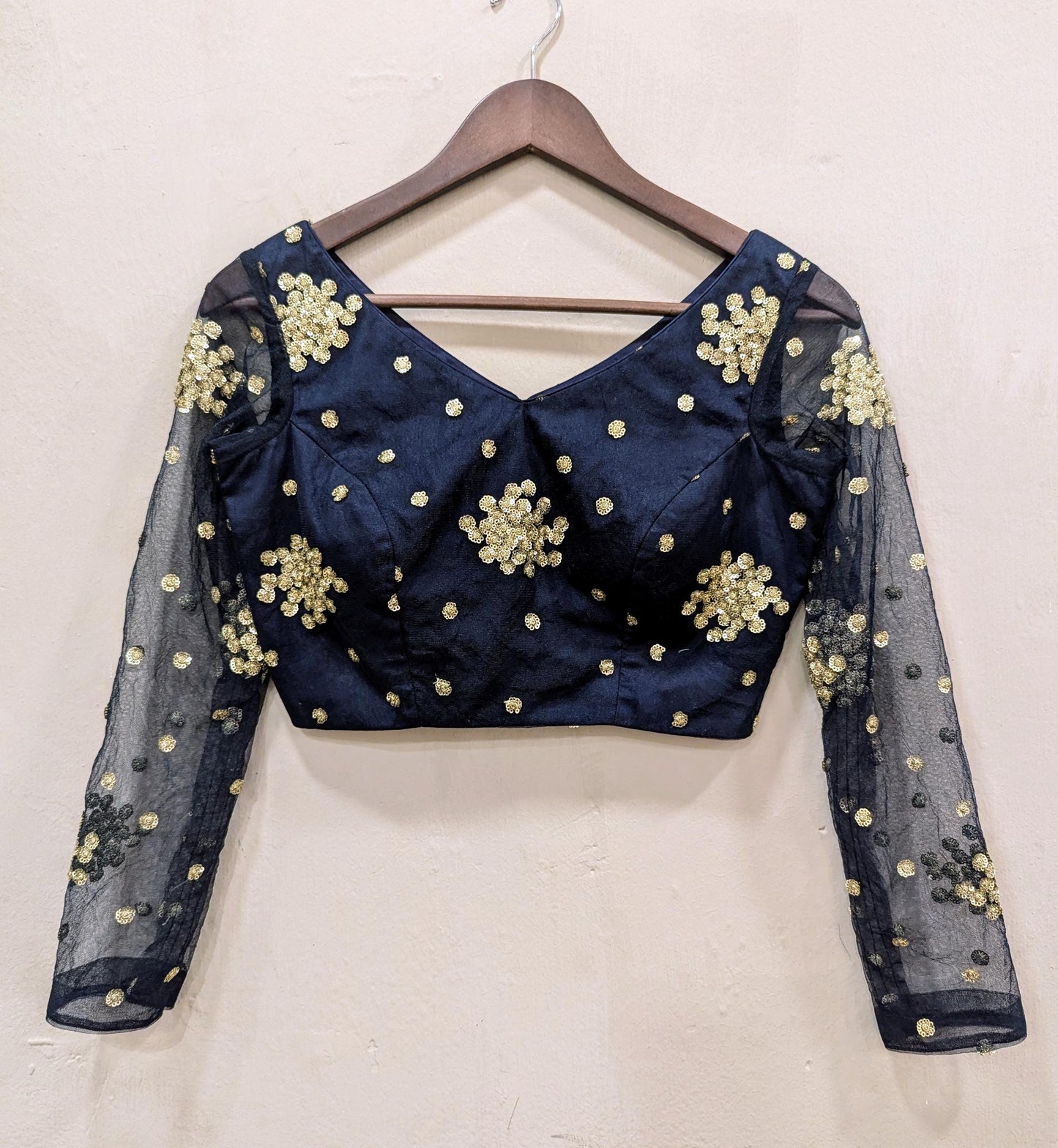 Navy blue satin georgette saree and Navy Sequin embroidery blouse