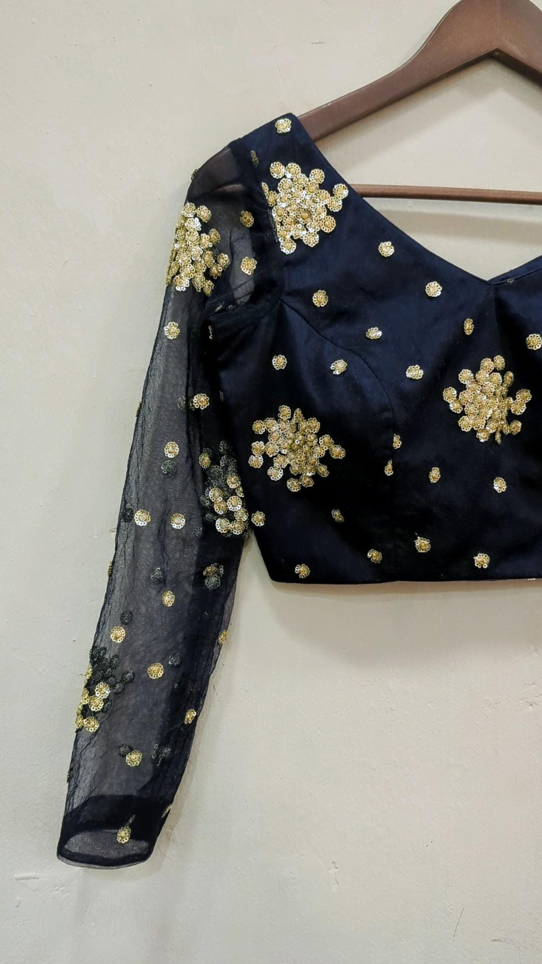 Navy blue satin georgette saree and Navy Sequin embroidery blouse